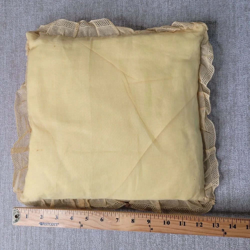 Vintage Embroidery Pillow with Lace Edges 12x12 Shabby Chic Cottagecore‎ Yellow